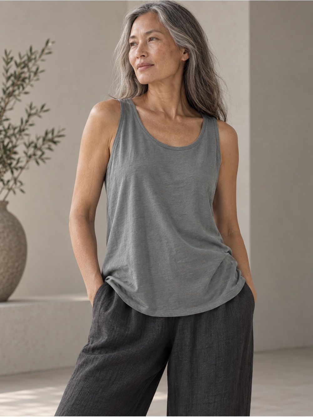 Eileen Fisher Organic Cotton Tank Top Gray Size Small Scoop Neck NWOT